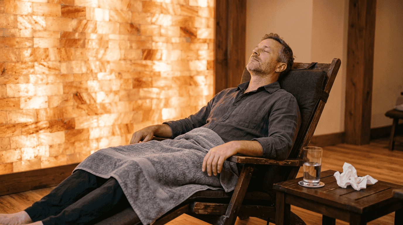 Mand nyder afslapning i et saltterapirum