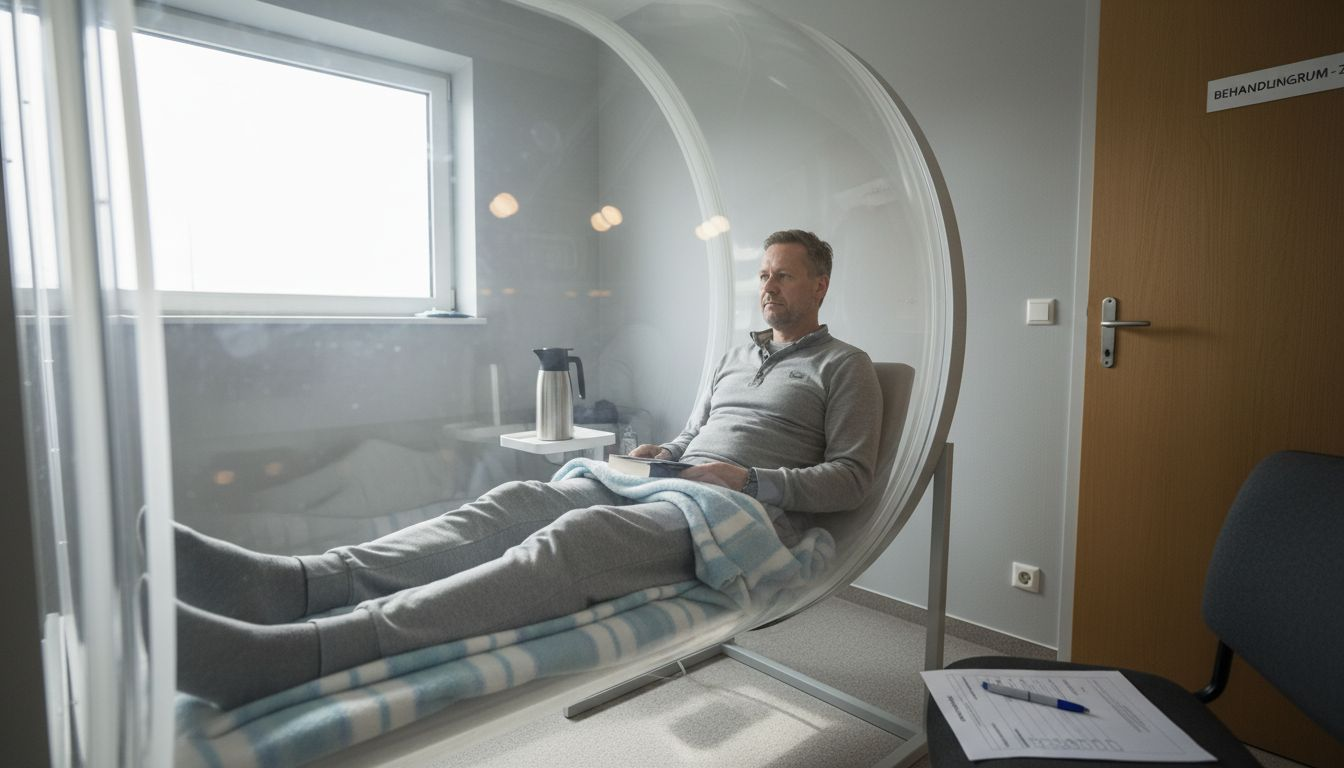 En mand slapper af inde i et hyperbart iltkammer.