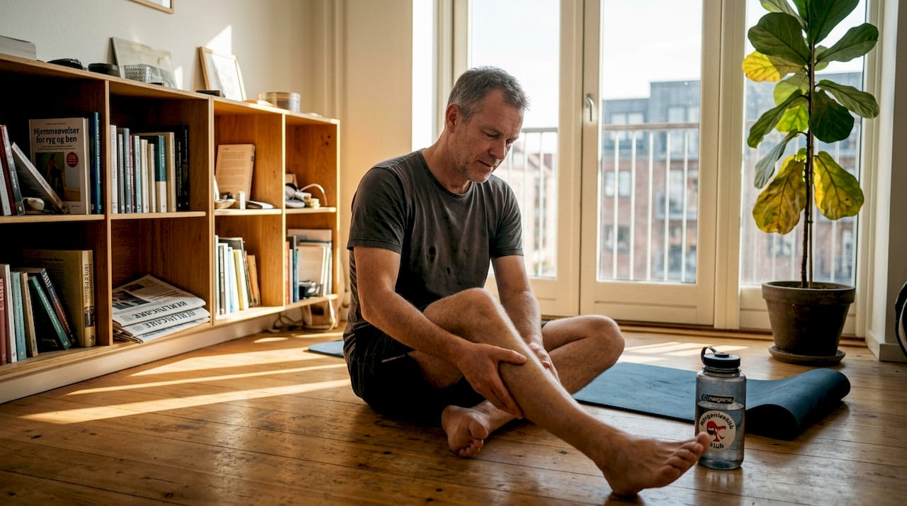 En mand giver sig selv massage derhjemme