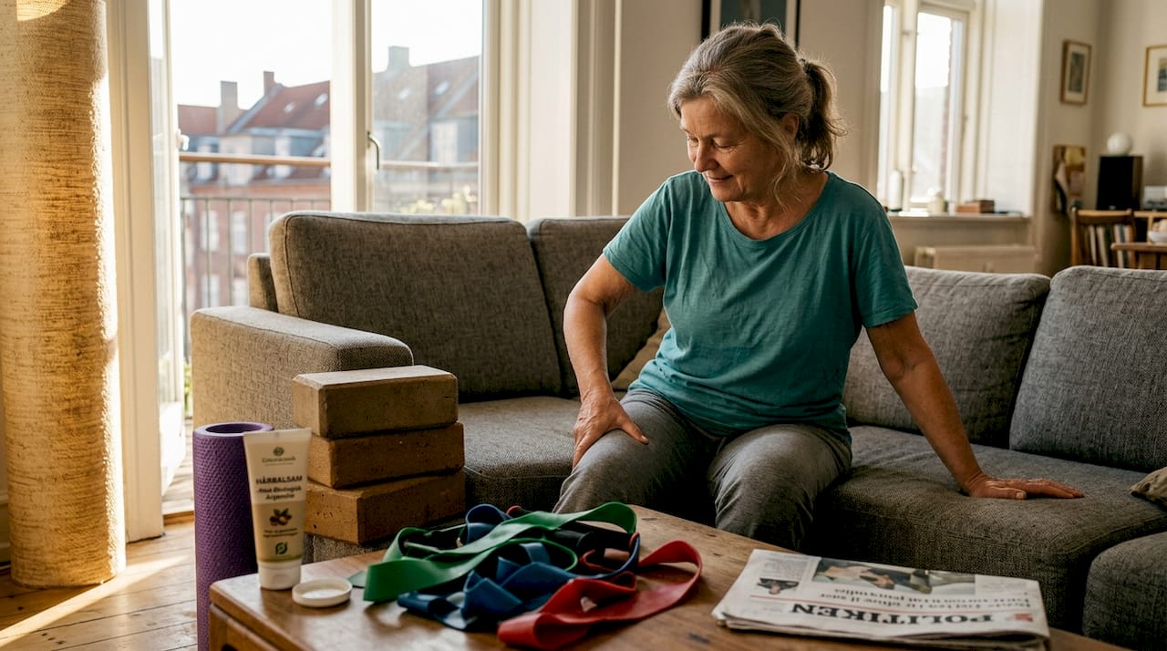 En kvinde giver sig selv en massage ved at ælte sine lår.