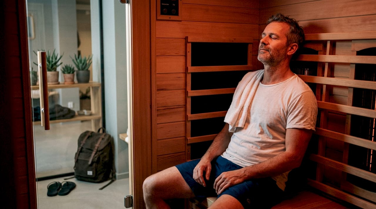 Mand nyder afslapning i infrarød sauna på wellnesscenter