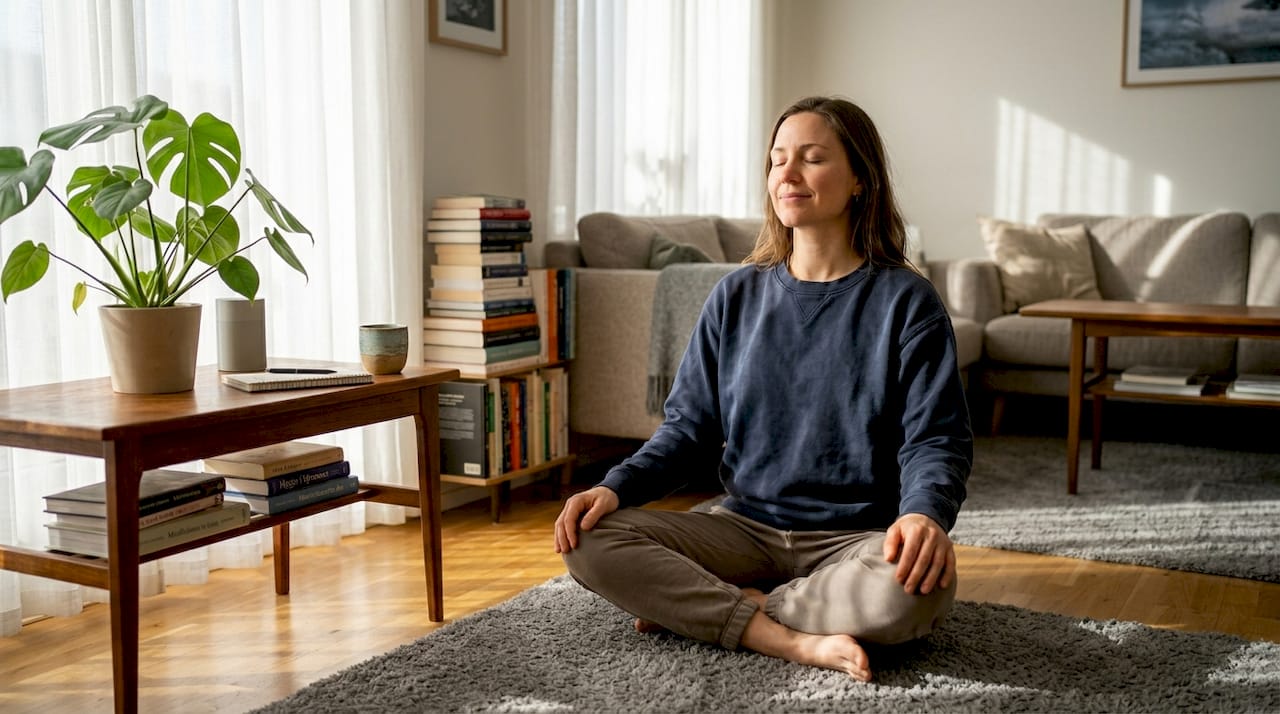 En kvinde fordyber sig i mindfulness i sin hyggelige stue
