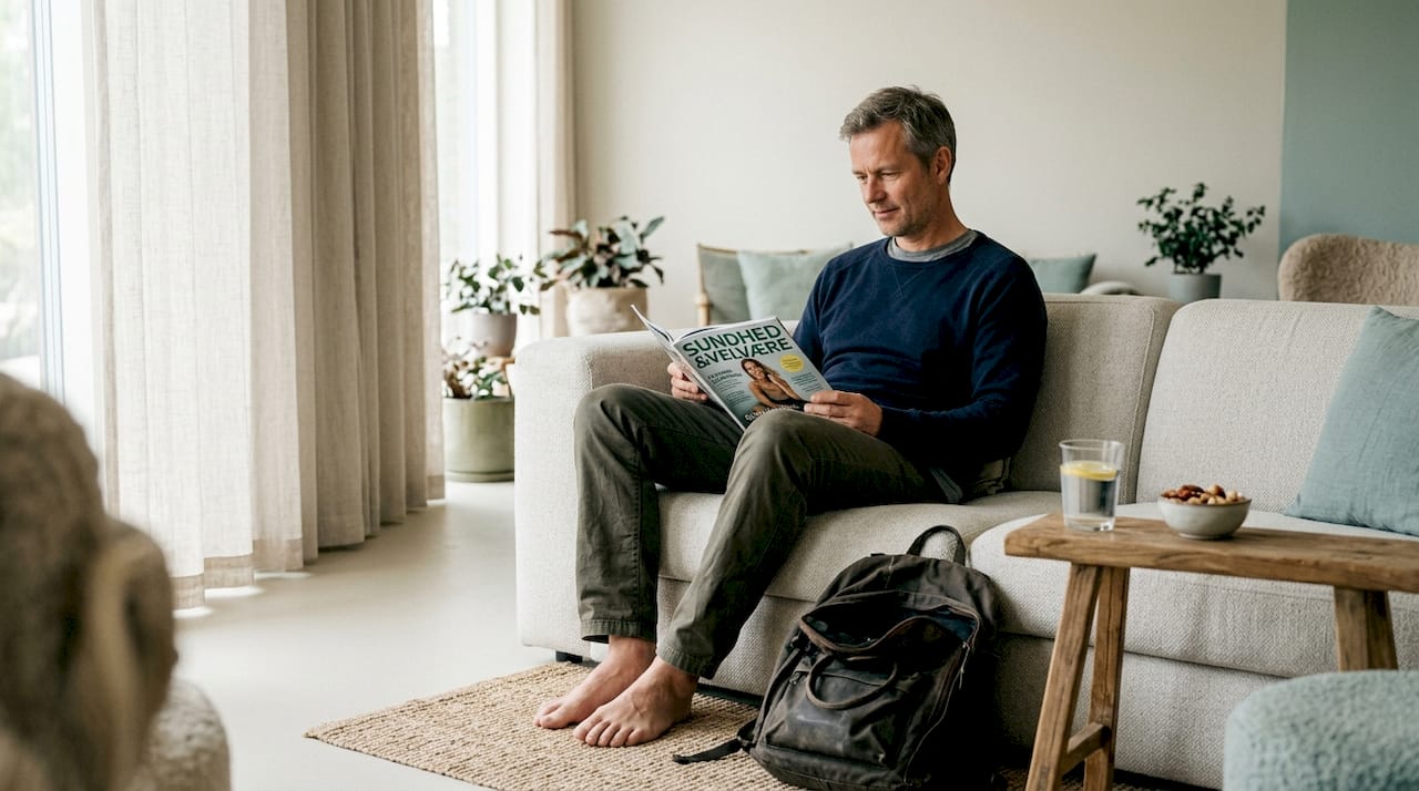 En mand fordyber sig i artikler om, hvordan spa-behandlinger kan påvirke både krop og sind.