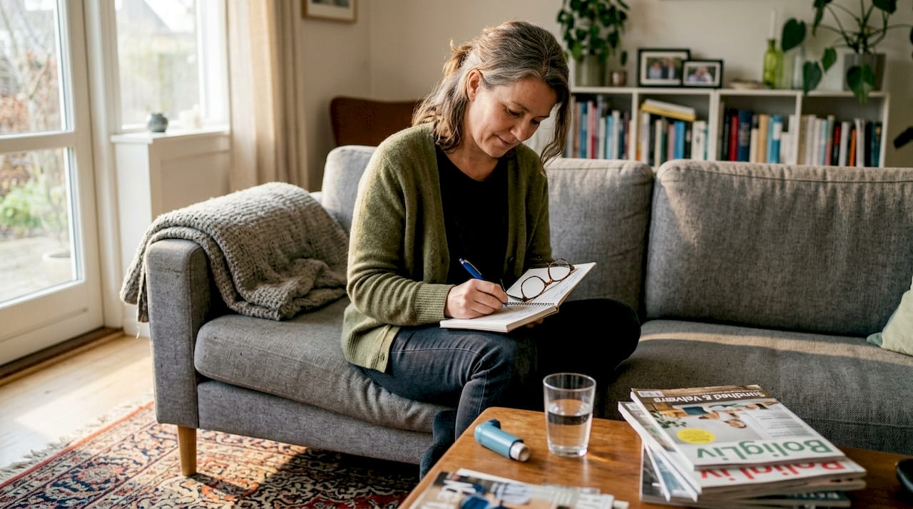 En kvinde registrerer sine symptomer og bruger sin inhalator hjemme.