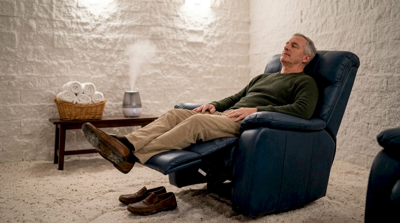 Man slapper af i et saltterapirum og nyder den rolige stemning.