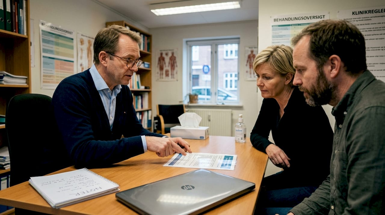 Behandleren gennemgår sikkerheden ved behandlingen med patienten ved skranken på klinikken.