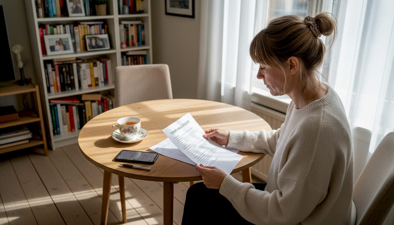 En kvinde sidder derhjemme og gennemgår forskellige trykte muligheder for terapi.