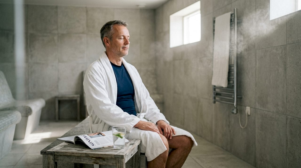 En mand nyder et øjebliks ro og trækker vejret dybt i loungen på et wellness-spa.