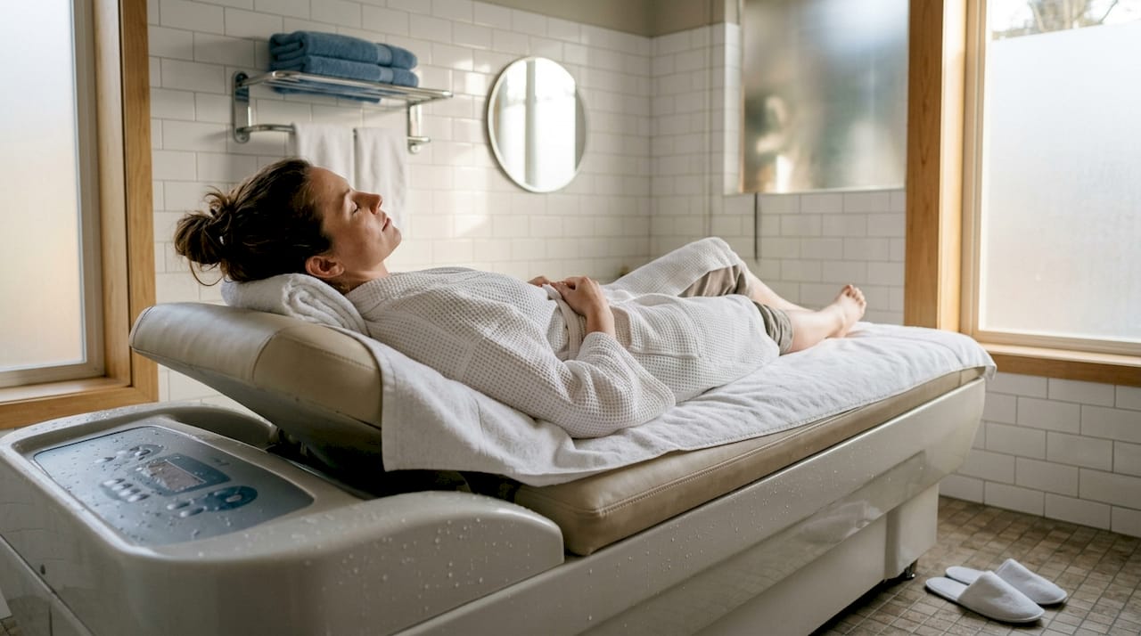 Kvinde nyder en afslappende stund på en hydromassagebriks i spaen.