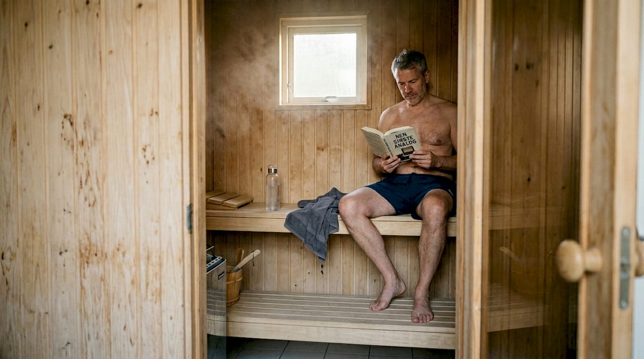 En mand sidder hjemme i sin infrarøde sauna og fordyber sig i en god bog.