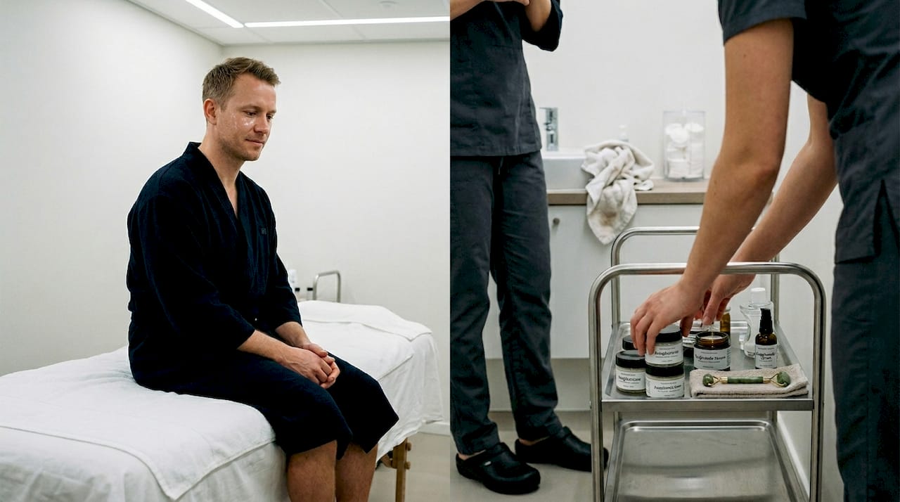 Mand efter en afslappende ansigtsbehandling på spa