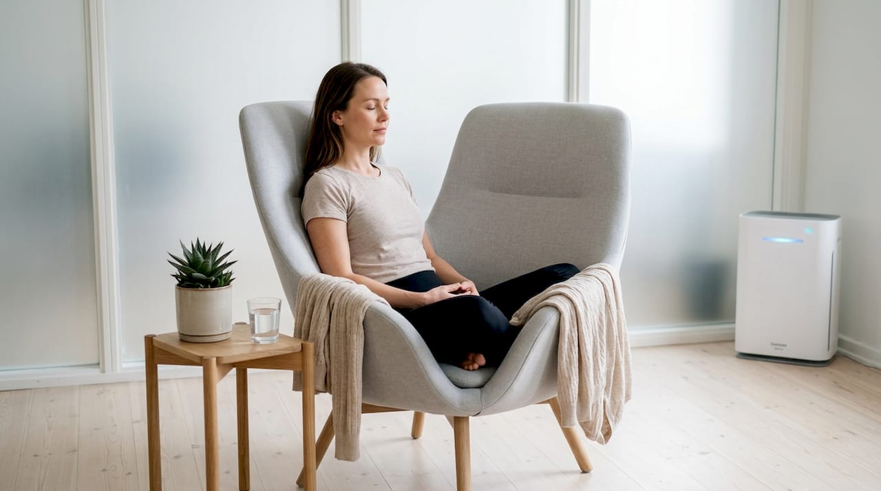 En kvinde sidder i et wellnesscenter og øver sig i dybe vejrtrækninger.