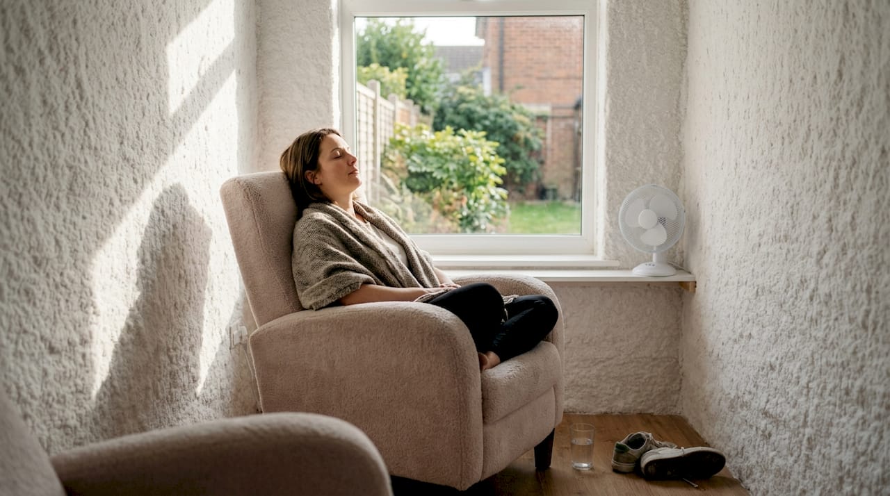 En kvinde nyder en afslappende stund i et lyst saltterapirum.