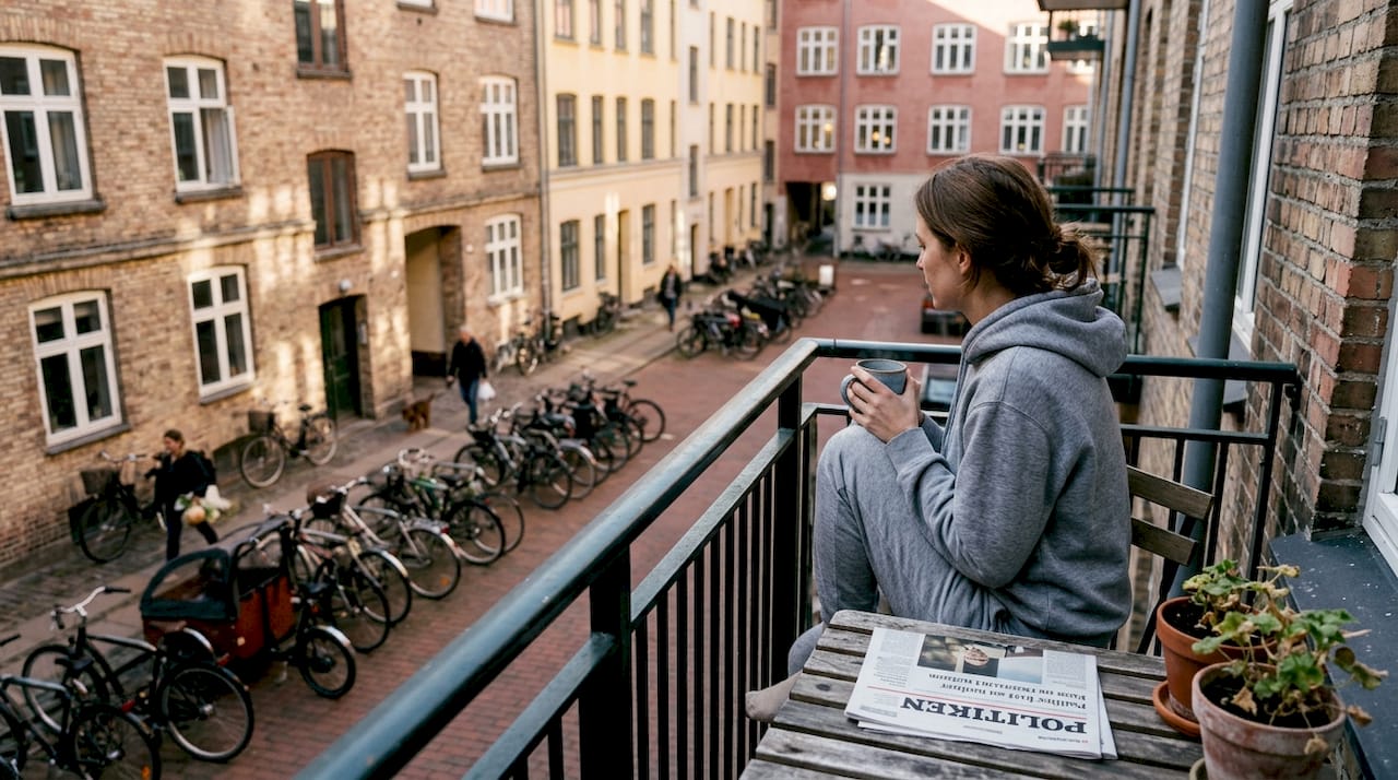 En kvinde nyder sin morgenkaffe på altanen i København og lader roen sænke sig.