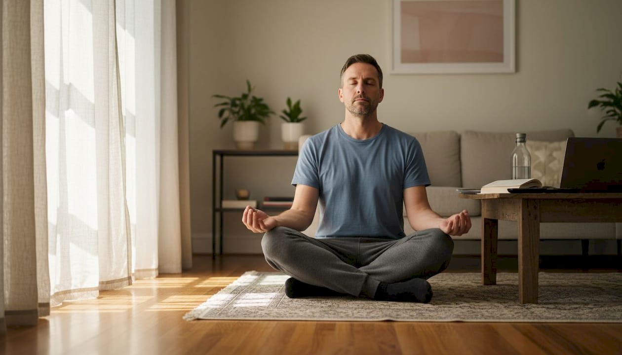 En mand sidder og mediterer i sin lyse, hyggelige stue, hvor sollyset strømmer ind gennem vinduerne.