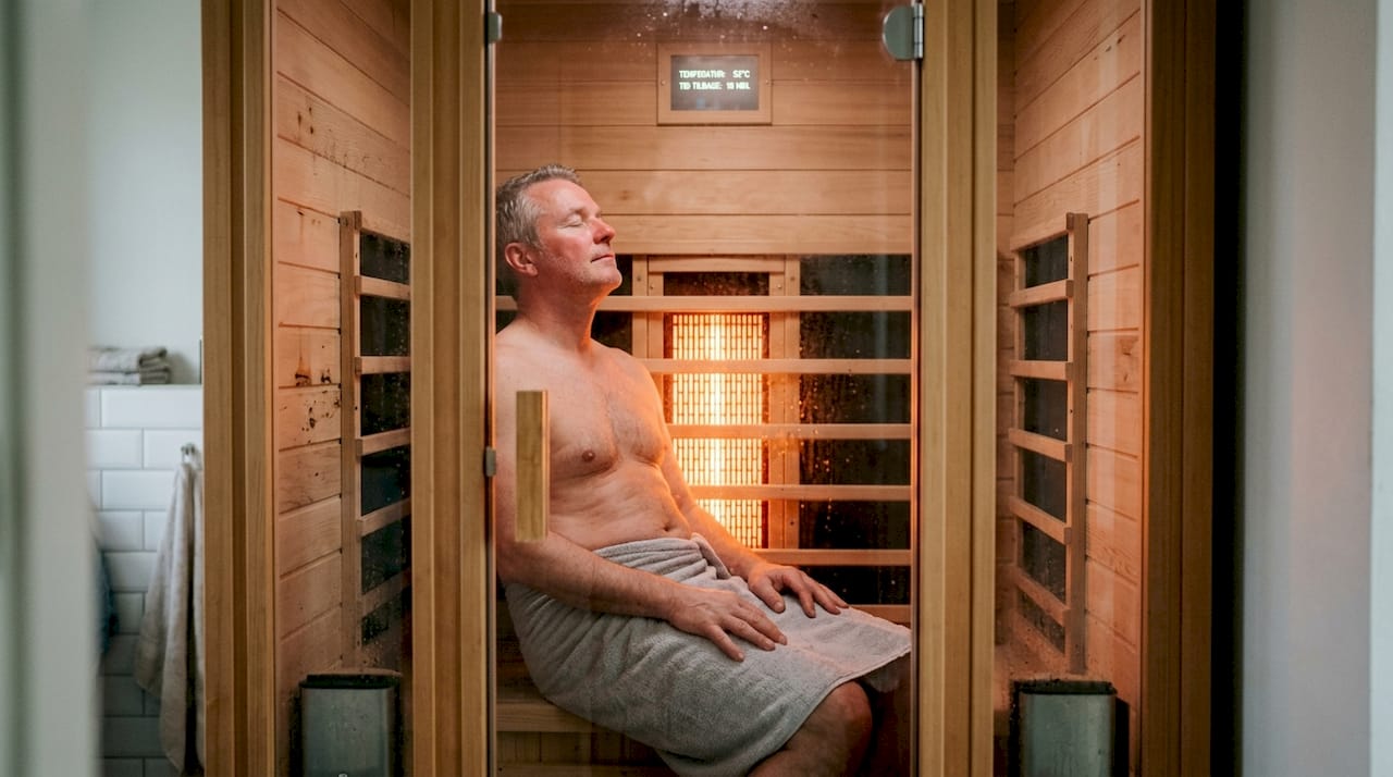 En mand nyder en afslappende stund i en infrarød saunakabine.