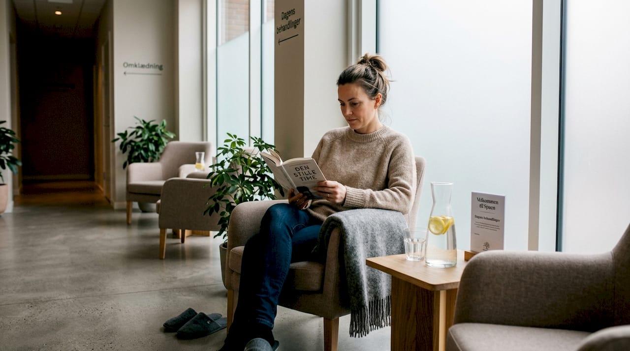 Kvinde nyder en stille stund i spaens loungesområde med en god bog i hånden.