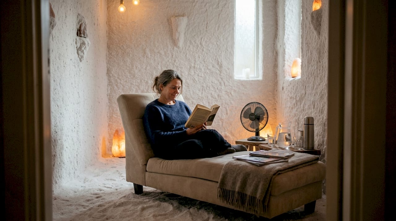 Kvinde nyder en saltterapi-session i et rum dækket af salt