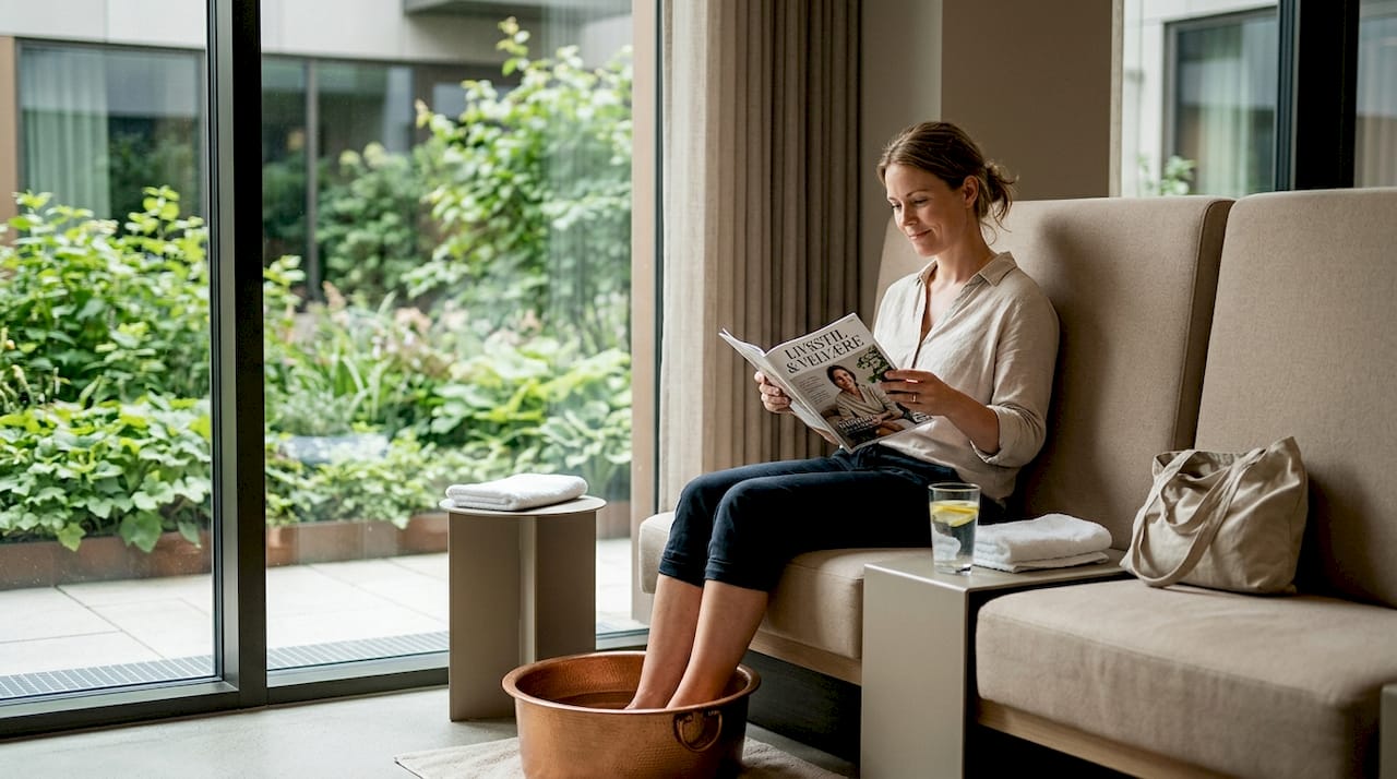 En kvinde nyder en rolig stund i en stilfuld spa.