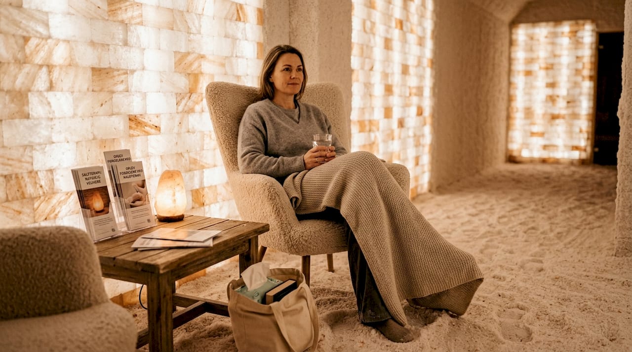 En kvinde nyder en afslappende stund i et saltterapirum.