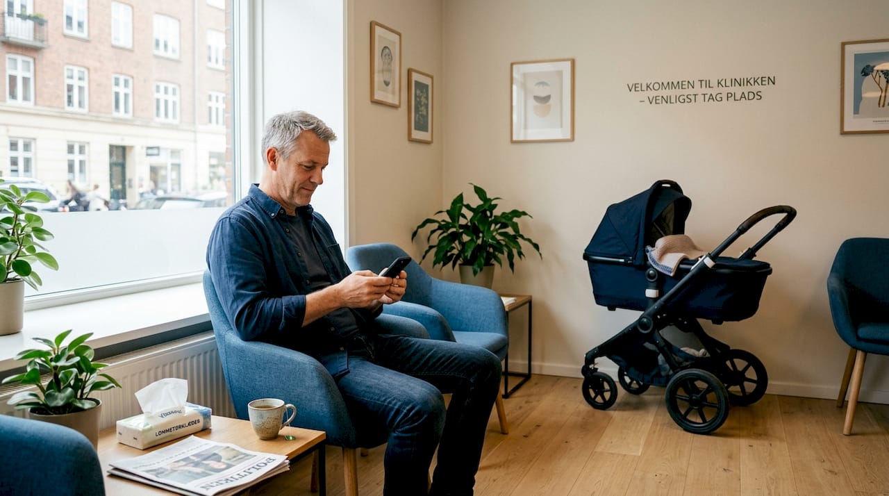 En mand sidder i venteområdet på en klinik og venter på sin saltterapi.