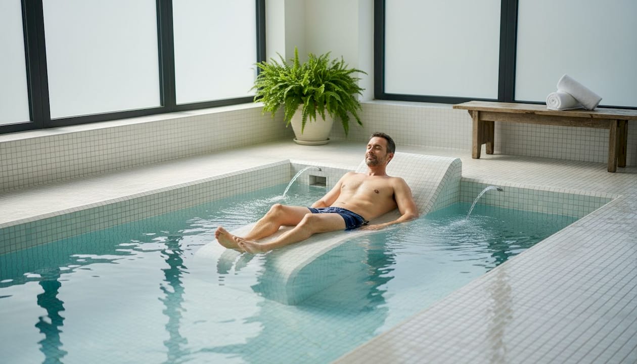 En mand nyder en afslappende hydromassage i wellnessafdelingen.