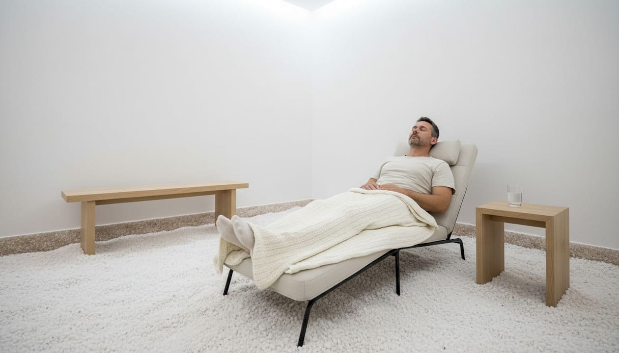 En person nyder roen og slapper af i et stille saltterapirum.