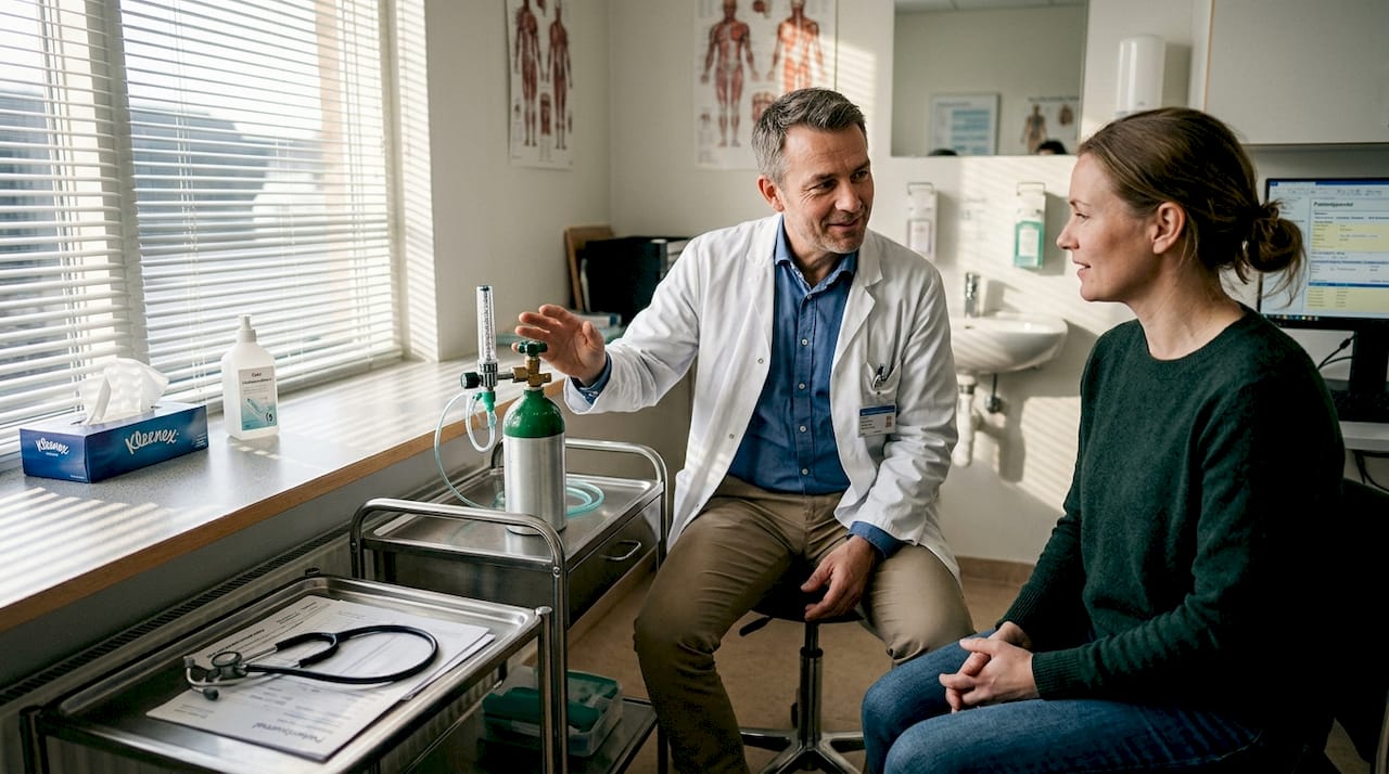 Lægen forklarer patienten om iltbehandling og svarer på spørgsmål.