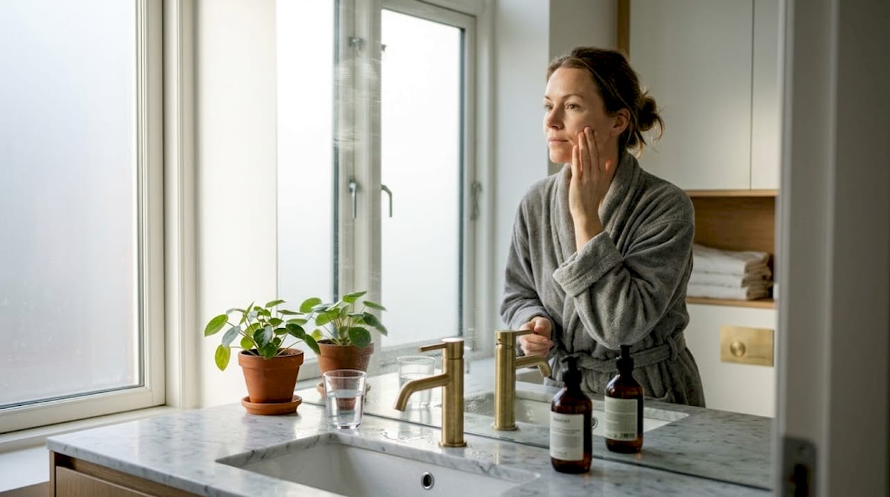En kvinde står foran spejlet på sit badeværelse i København og lægger hudpleje.