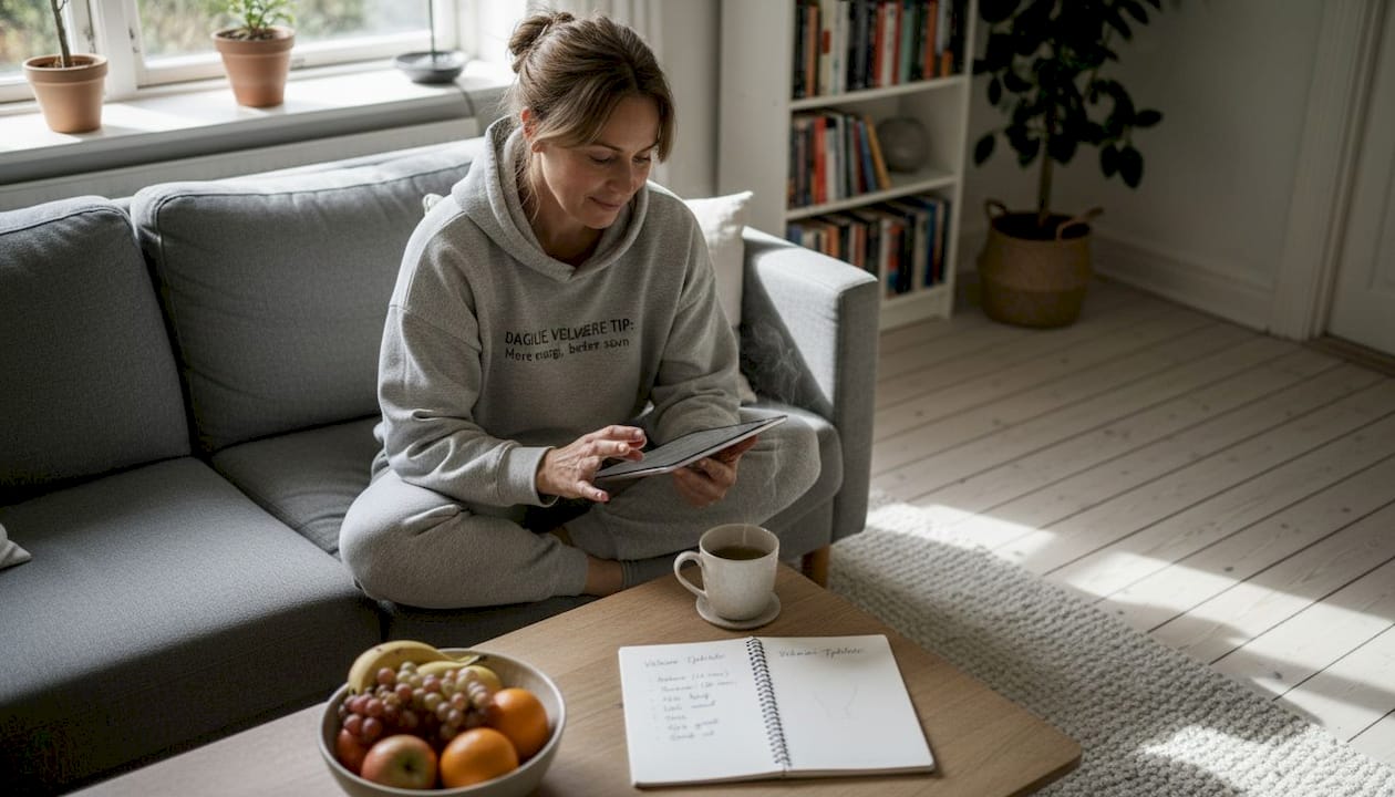 En kvinde sidder i stuen og fordyber sig i gode råd om velvære.
