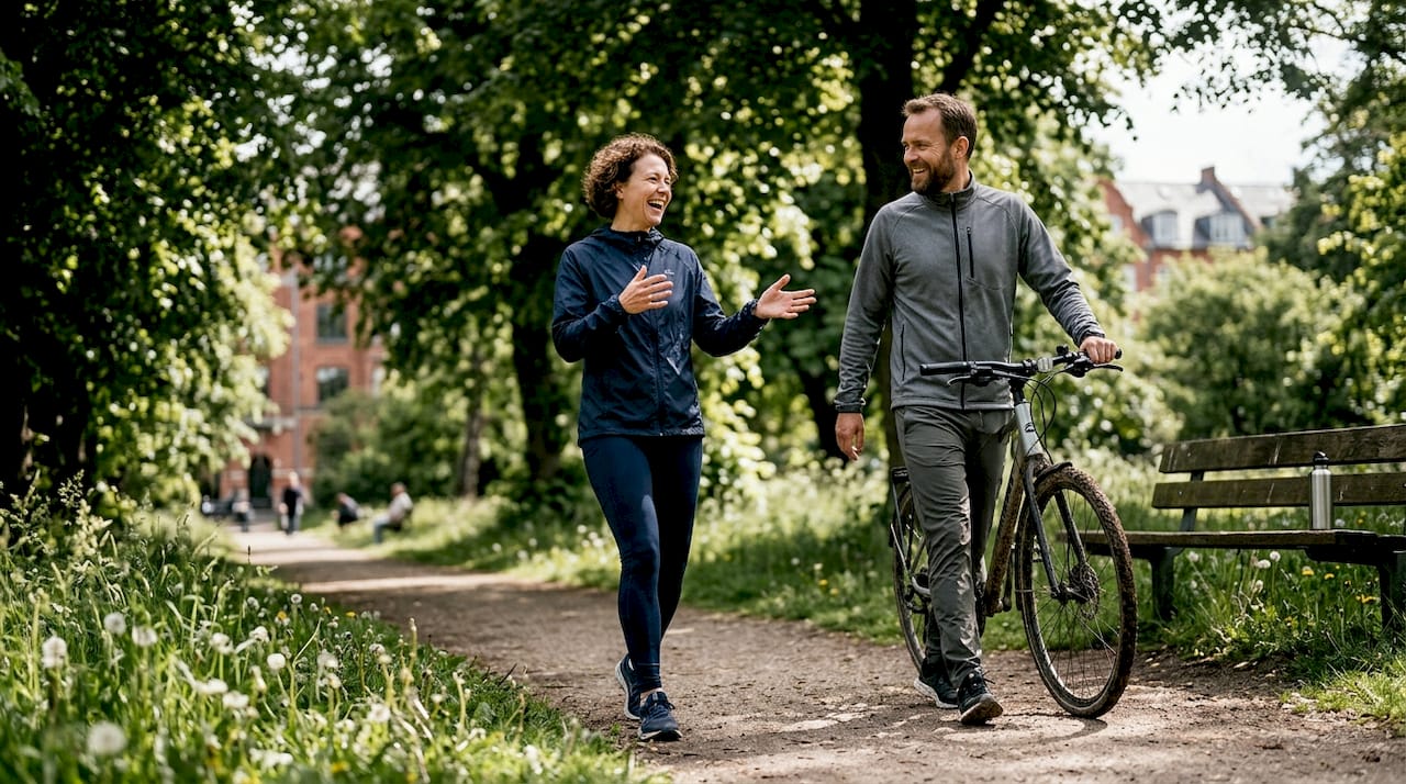Voksne nyder en gåtur eller cykeltur gennem en af Københavns grønne parker.