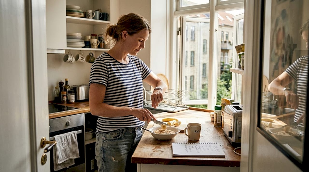 Kvinde i gang med at lave en sund morgenmad i køkkenet