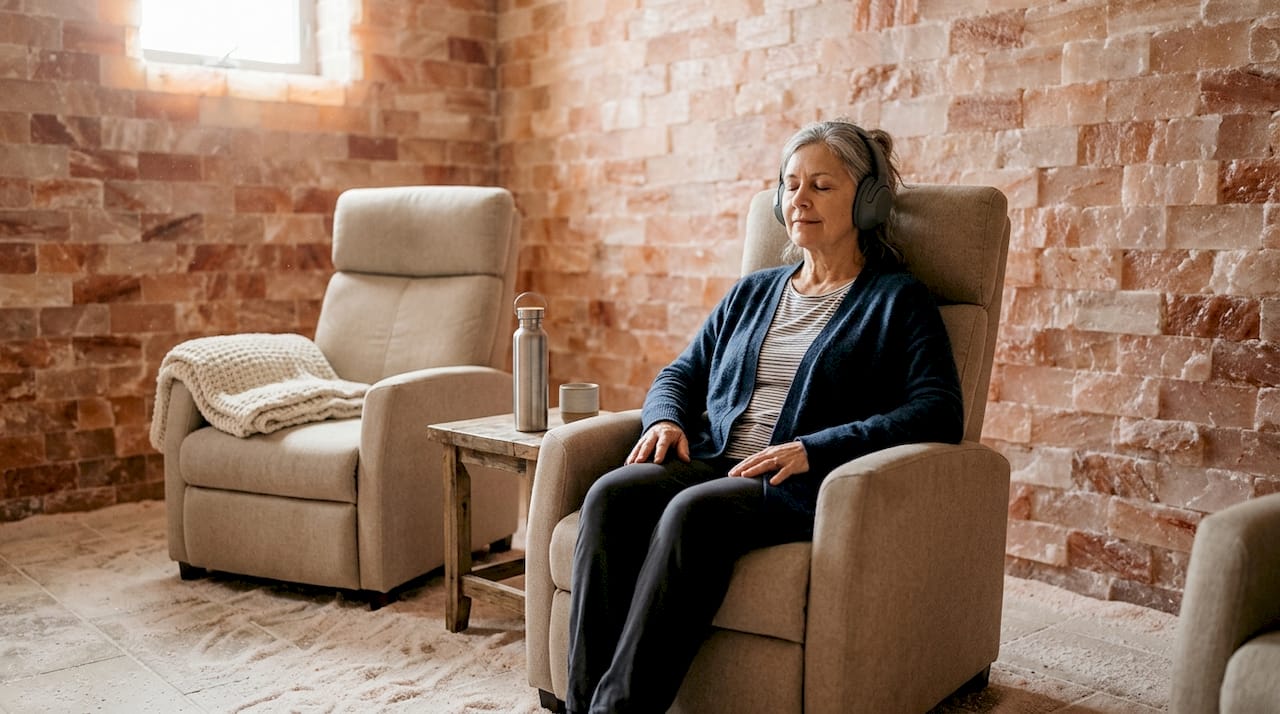 En kvinde nyder en afslappende stund i et saltterapirum.