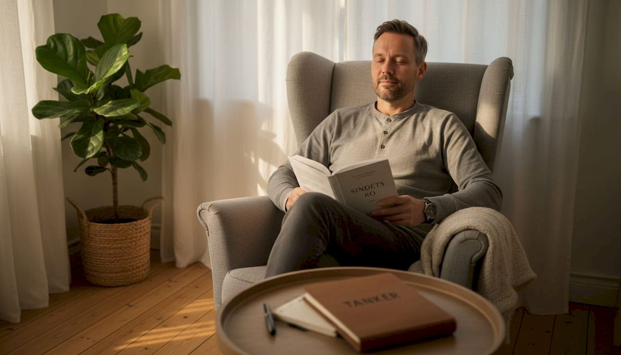En mand nyder en stille stund med en god bog i et hyggeligt hjørne.