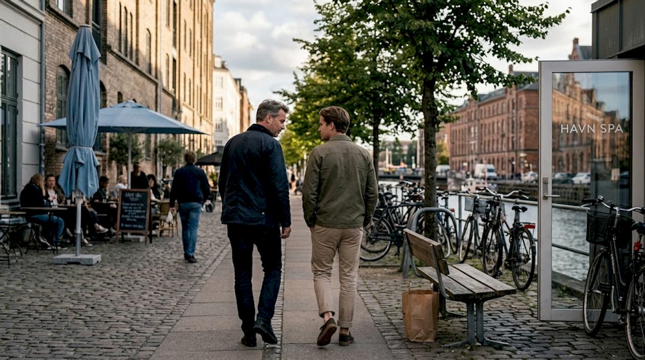 Langs en af Københavns kanaler ses et par mænd på vej mod spaen, klar til afslapning midt i byen.