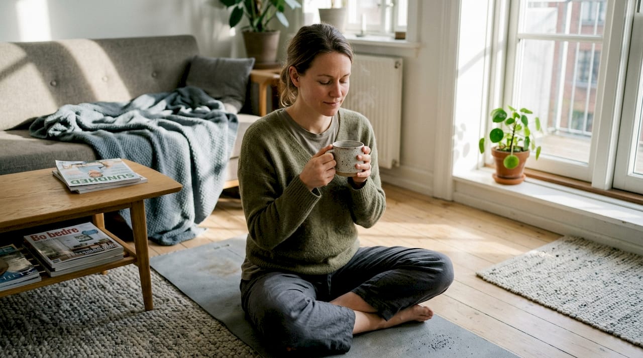 Kvinde nyder et enkelt velvære-ritual hjemme i stuen