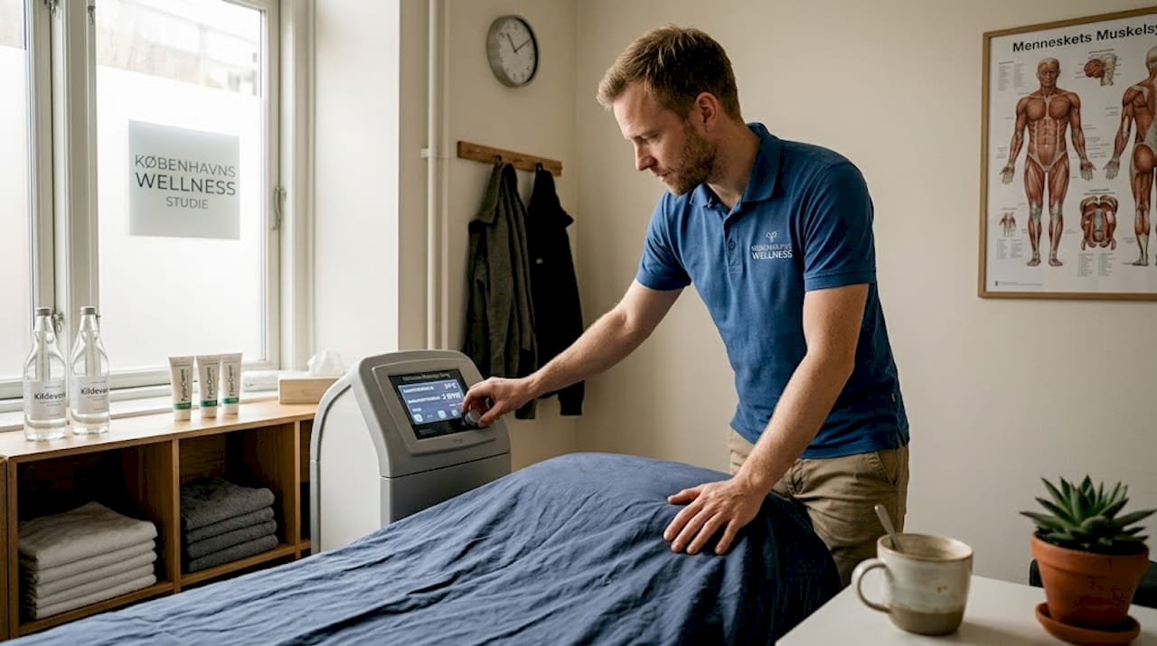 En fysioterapeut indstiller hydromassagesengen til en patient på klinikken.
