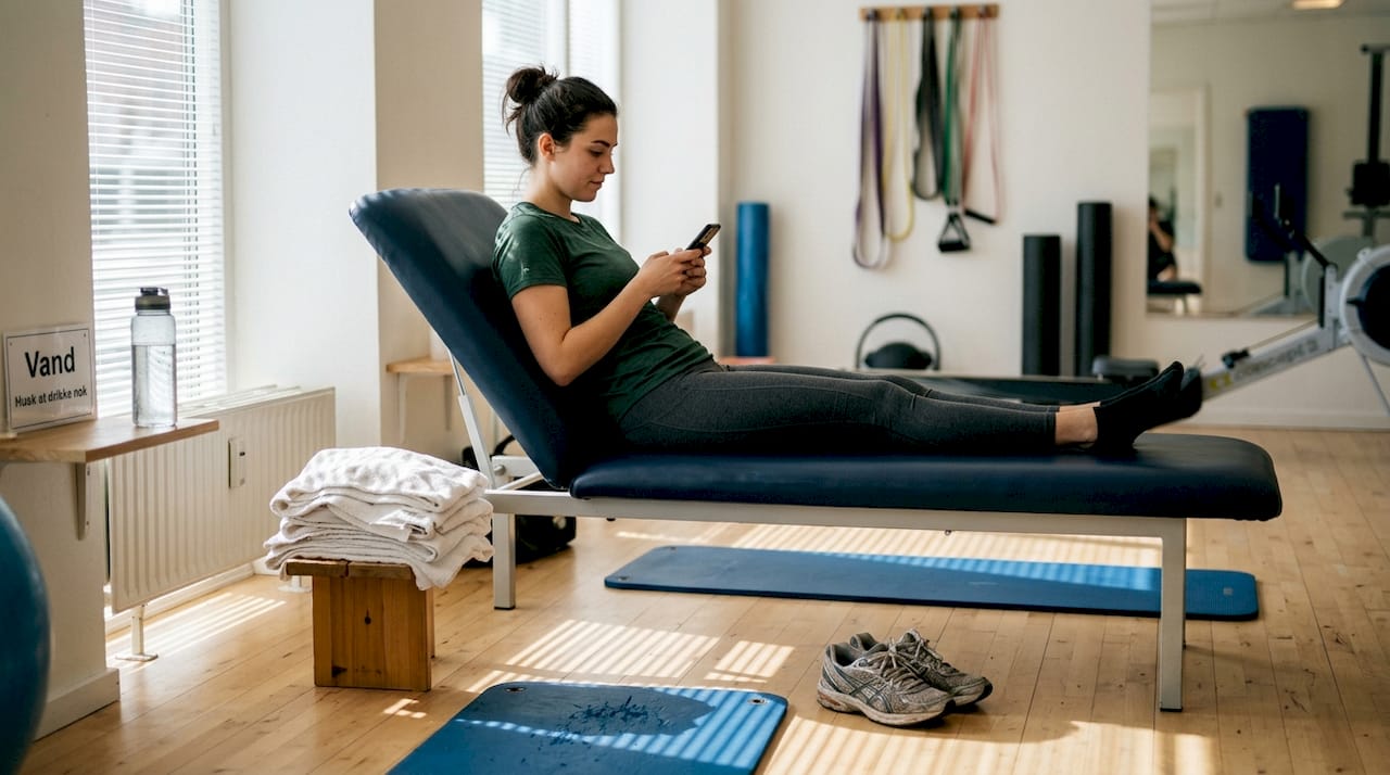 En kvinde sidder og venter på sin tur til hydromassage i studiet.