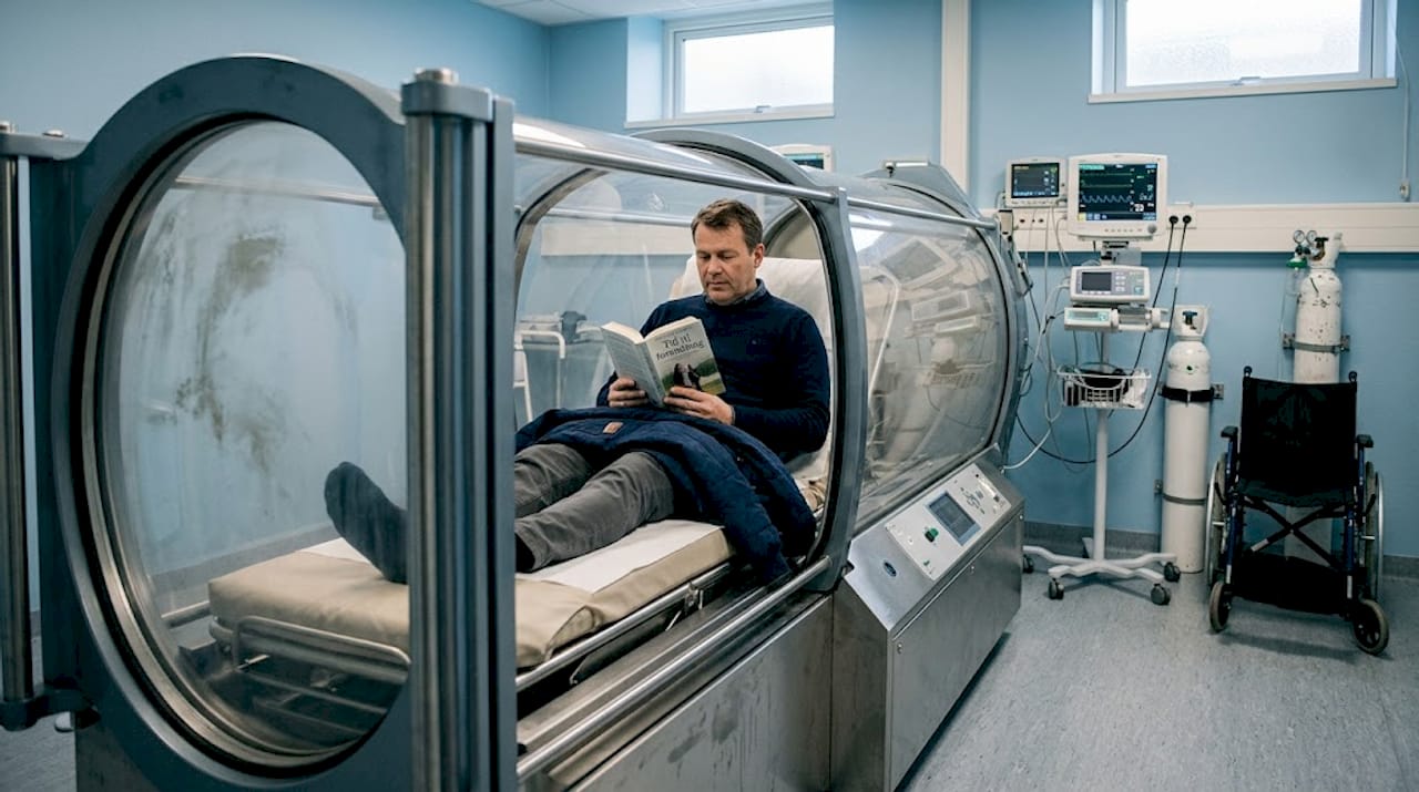 En patient fordyber sig i en bog inde i trykkammeret.