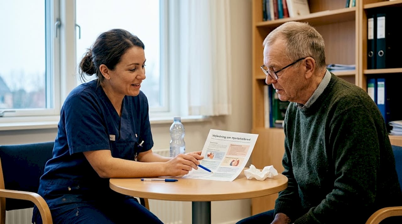 Sygeplejersken fortæller en ældre patient om trykkammerbehandling og svarer på spørgsmål.