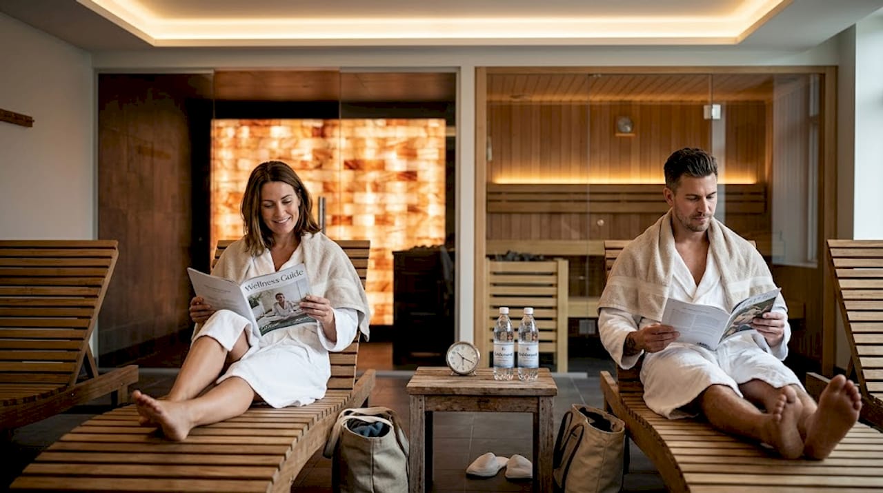 To personer nyder afslapning sammen i et moderne wellnessrum med flere faciliteter.