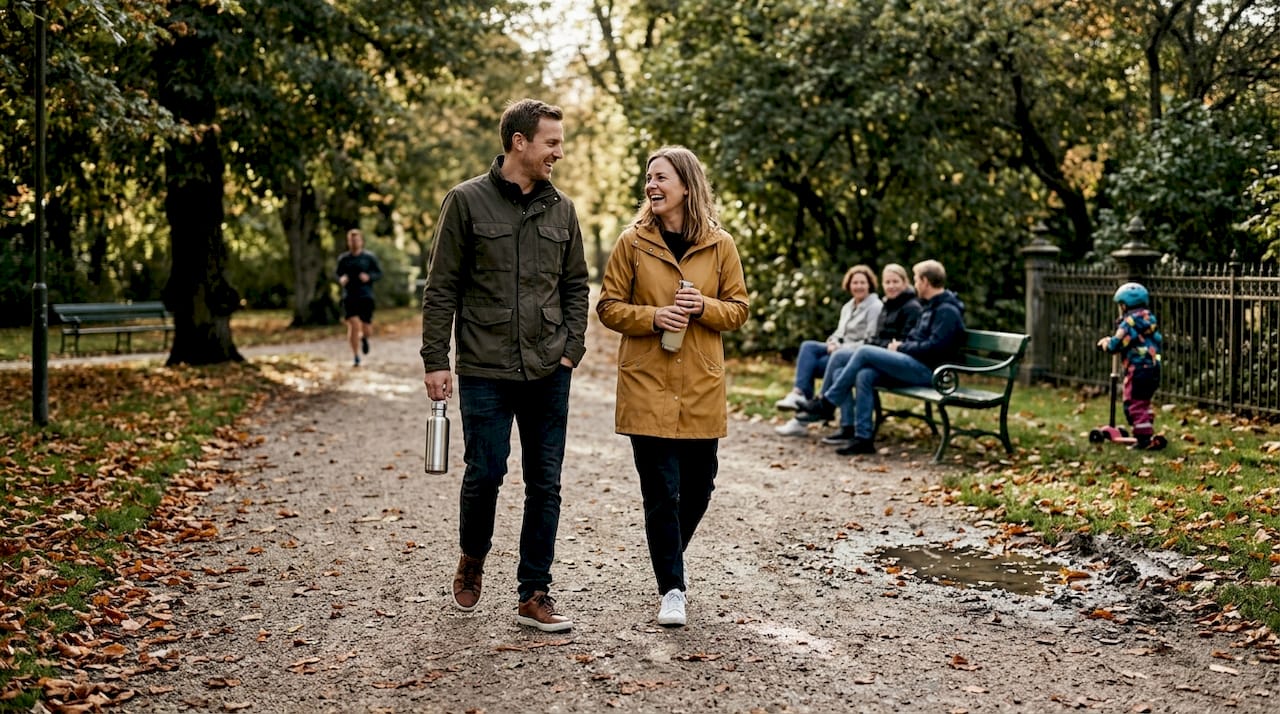 Et par går en tur hånd i hånd gennem en af Københavns grønne parker.