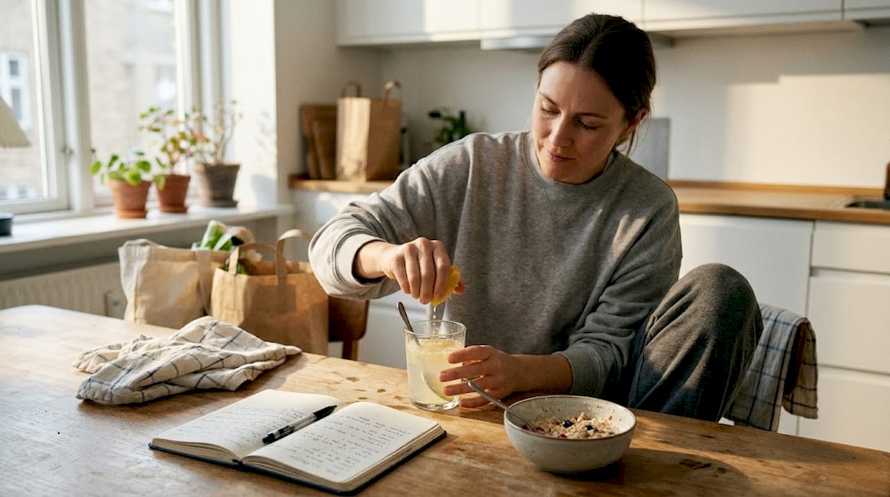 En kvinde går i gang med sin detox-morgenrutine ved køkkenbordet.