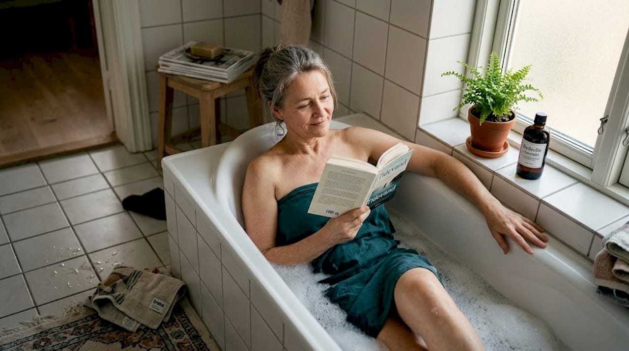 En kvinde slapper af i badekarret med et godt blad, mens solens bløde stråler falder ind gennem vinduet.