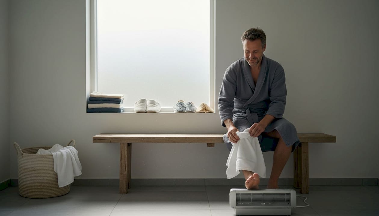 En mand sidder på en bænk ved vinduet i spaen og tørrer fødderne