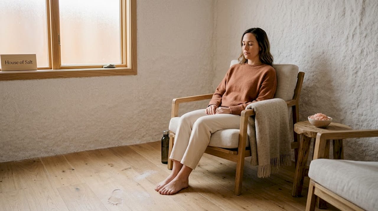 En kvinde nyder en rolig stund i et saltterapirum