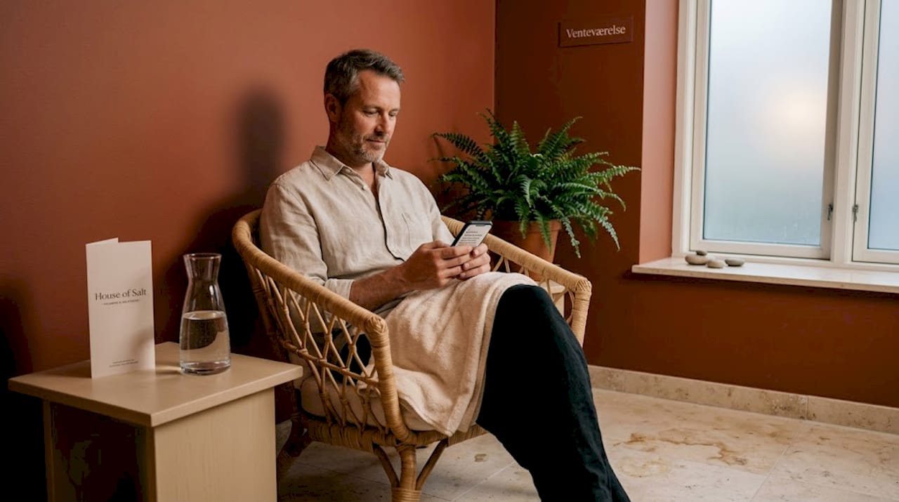 En mand sidder og venter spændt på sin tid i wellnessafdelingen.