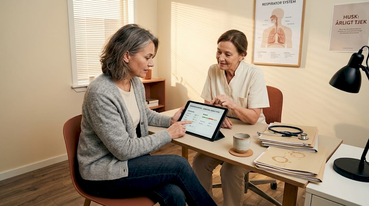 En kvinde sidder til samtale med sin læge om resultaterne fra hendes helbredstjek.