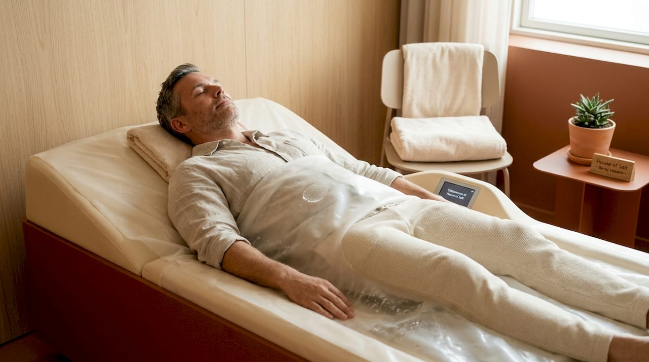En mand nyder en afslappende hydromassage på et spa i et behandlingsrum.