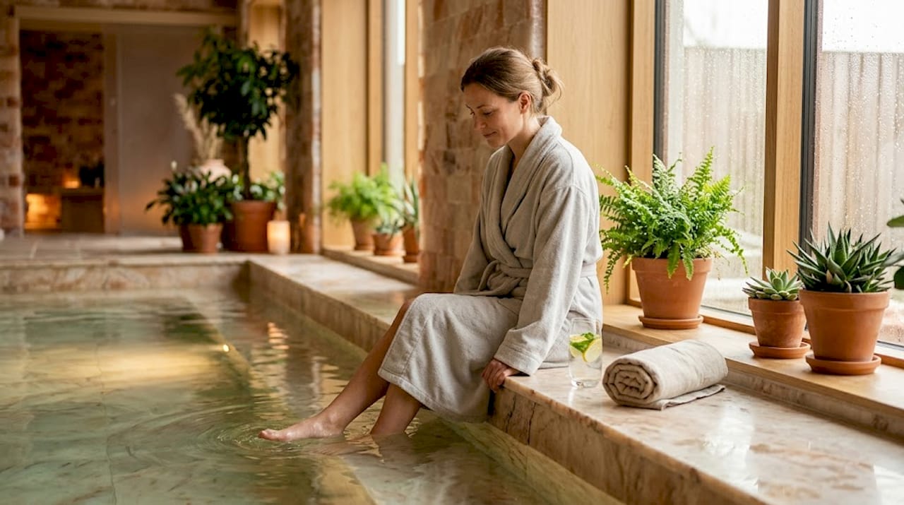 Kvinde nyder afslapning ved poolen på et spa i København